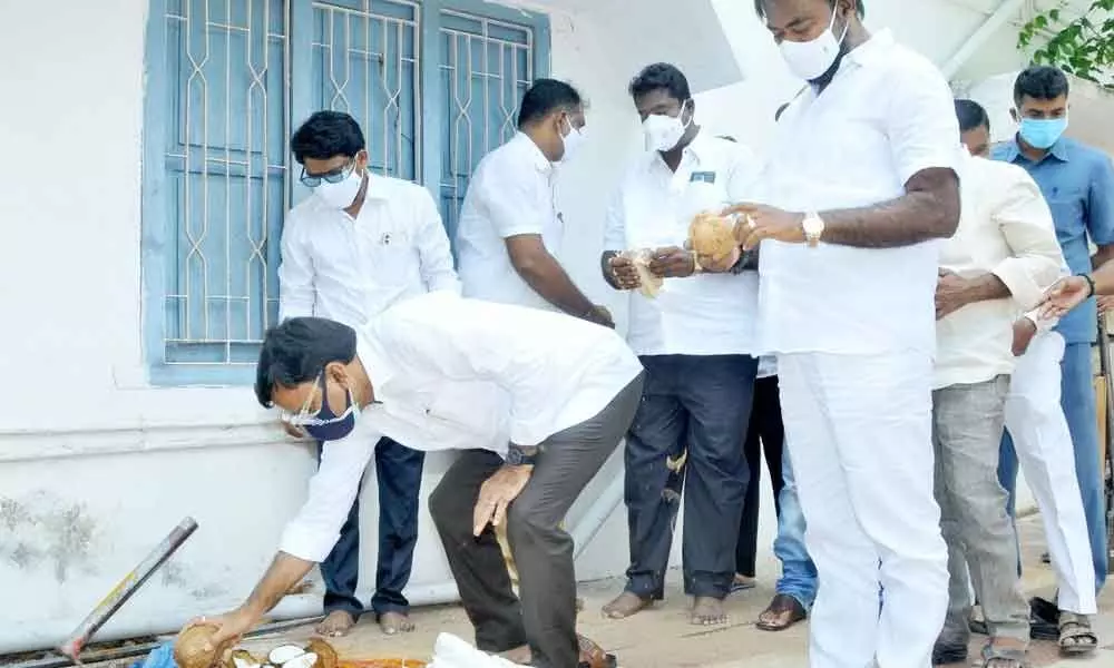 Deputy Chief Minister Amzath Basha laying foundation stone for modernisation works of a primary health centrer at Akkayapalle in Kadapa district on Wednesday