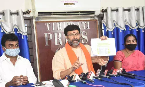 BJP state spokesperson G Bhanu Prakash Reddy addressing the media in Tirupati