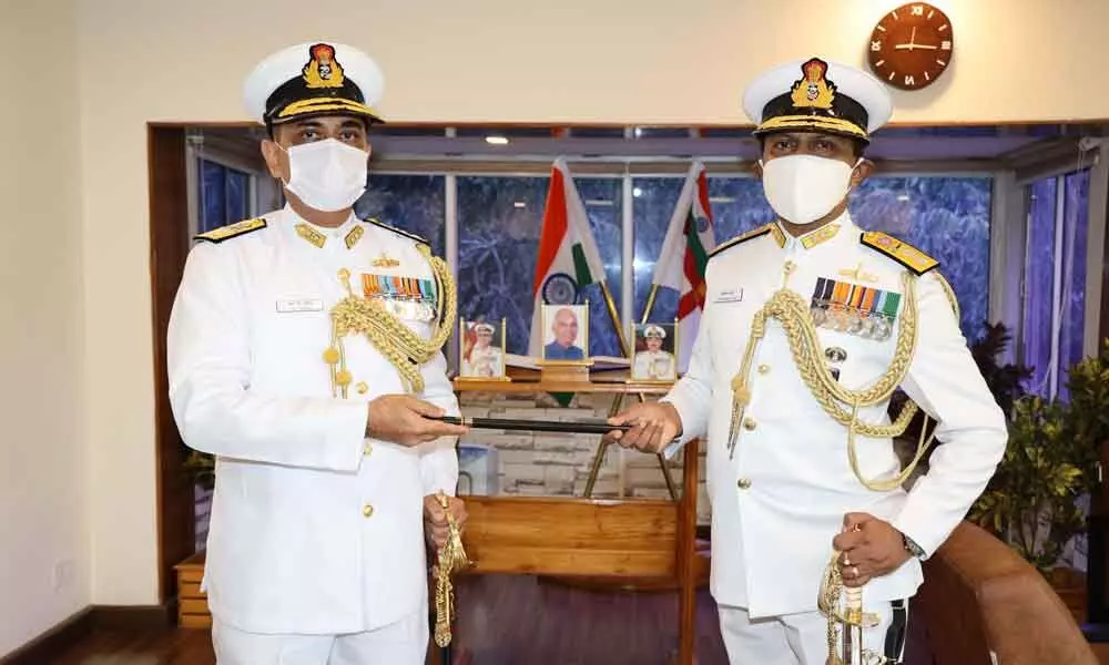 Rear Admiral IB Uthaiah taking over as the Admiral Superintendent Naval Dockyard, Visakhapatnam from Rear Admiral Sreekumar Nair on Monday