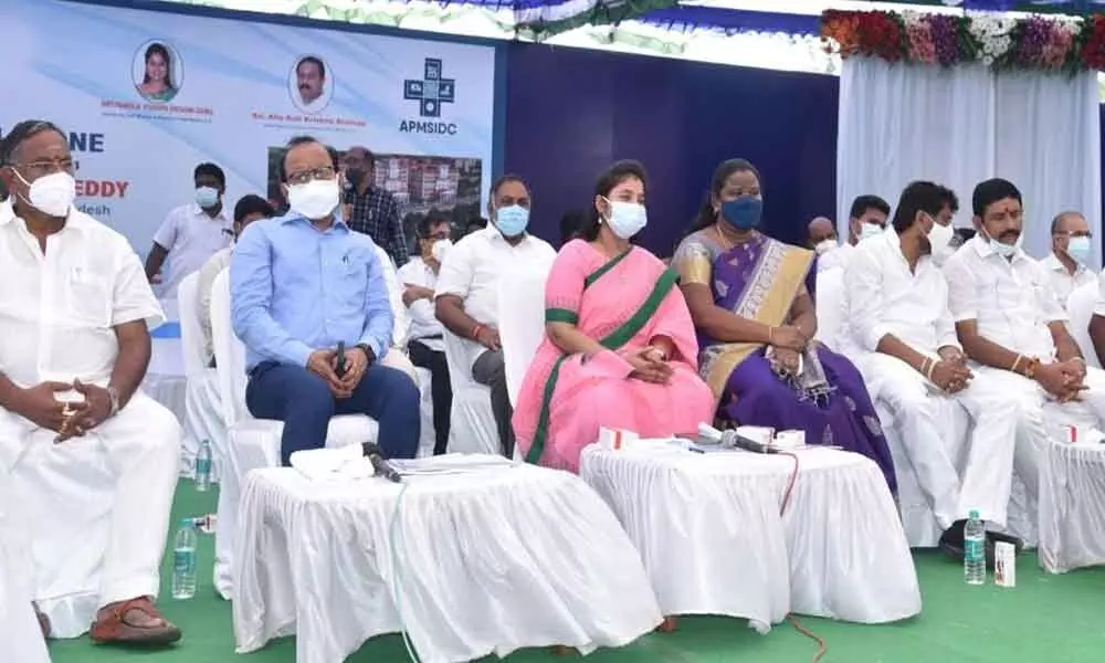 Deputy Chief Minister P Pushpasreevani and Collector M Hari Jawaharlal taking part in thet medical college foundation stone laying ceremony in Vizianagaram on Monday