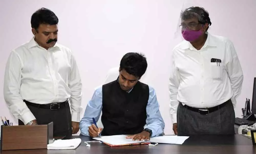 D Anudeep taking charge as the District Collector at the Collector’s office in Kothagudem on Monday