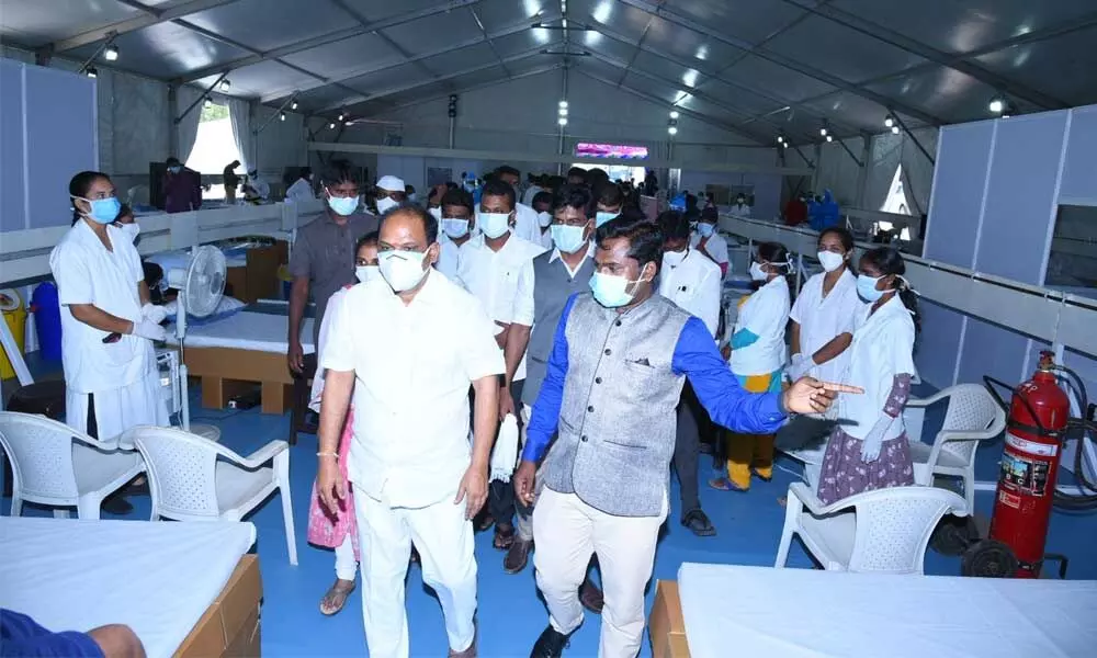 R&B Minister Sankara Narayana and Collector Gandham Chandrudu inspecting the temporary hospital in Anantapur on Tuesday