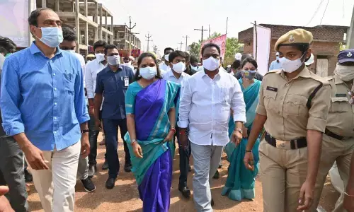 MLC K Kavitha inspecting the works of double bedroom houses under construction at Nookapelli village in Malayala mandal in Jagtial district on Tuesday