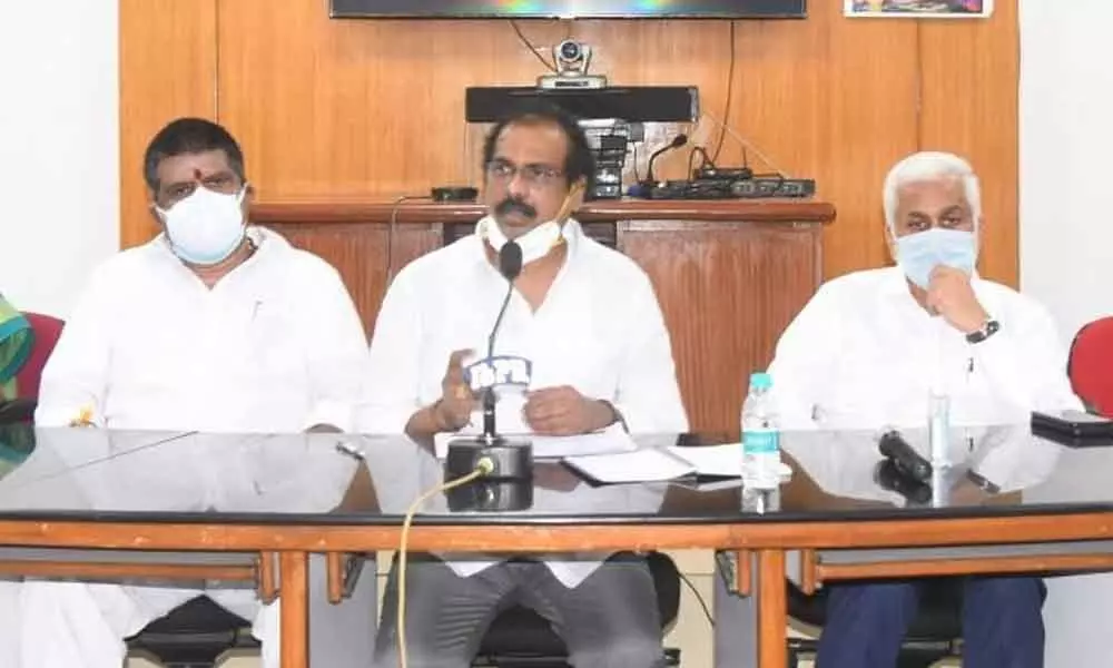 Ministers K Kannababu, M Srinivasa Rao and MP V Vijayasai Reddy speaking to the media in Visakhapatnam on Wednesday