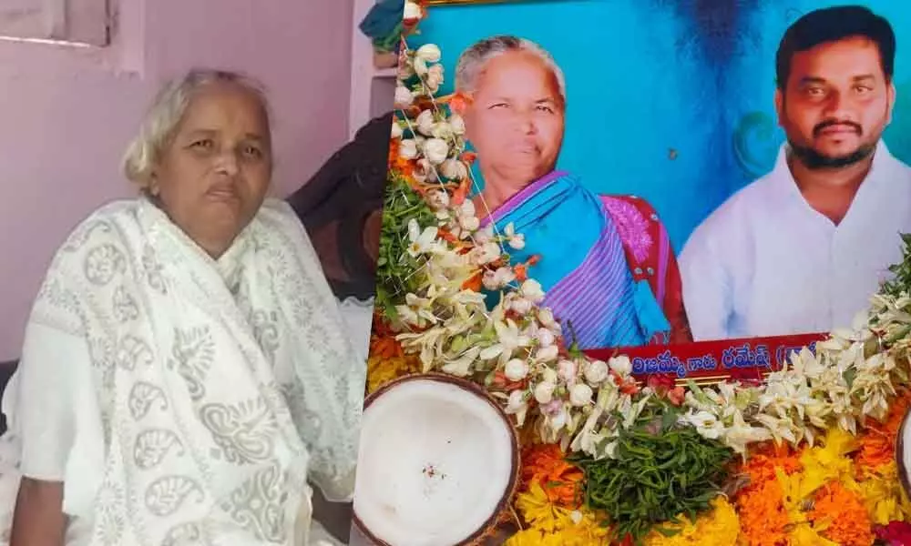 Hale and hearty Girijamma at her residence on Wednesday; The photo that was put up on the occasion of death ceremony of Girijamma and her son Mutyala Ramesh (35), organised at Christianpet in Jaggaiahpet on Tuesday