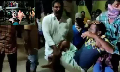 Police tightening security in Dorapalli village(Inset pic); Injured persons being shifted to hospital