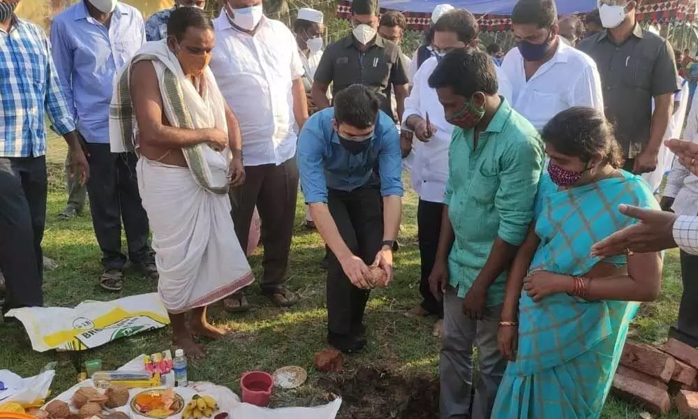 Minister P Viswaroop laying stone for Jagananna Colony houses in Amalapuram on Thursday