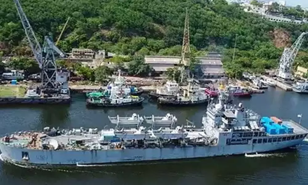 INS Airavat with Covid relief material in Visakhapatnam on Thursday