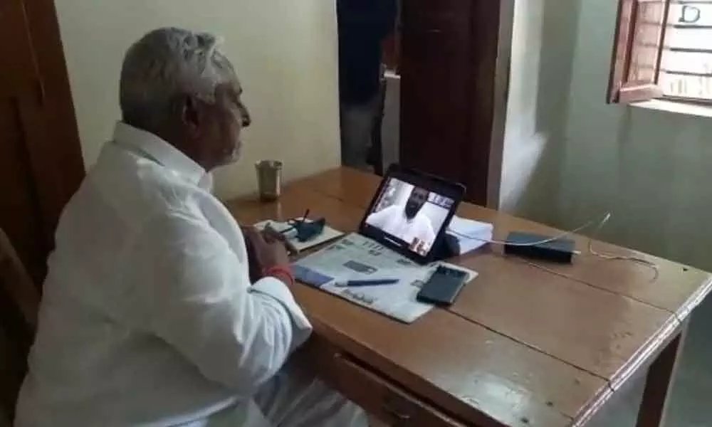 MLC Jeevan Reddy during a zoom meeting with Congress leaders in Jagtial on Thursday