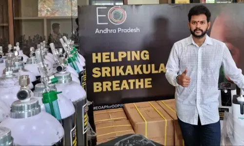 MP K Rammohan Naidu with oxygen cylinders and concentrators at his office in Srikakulam