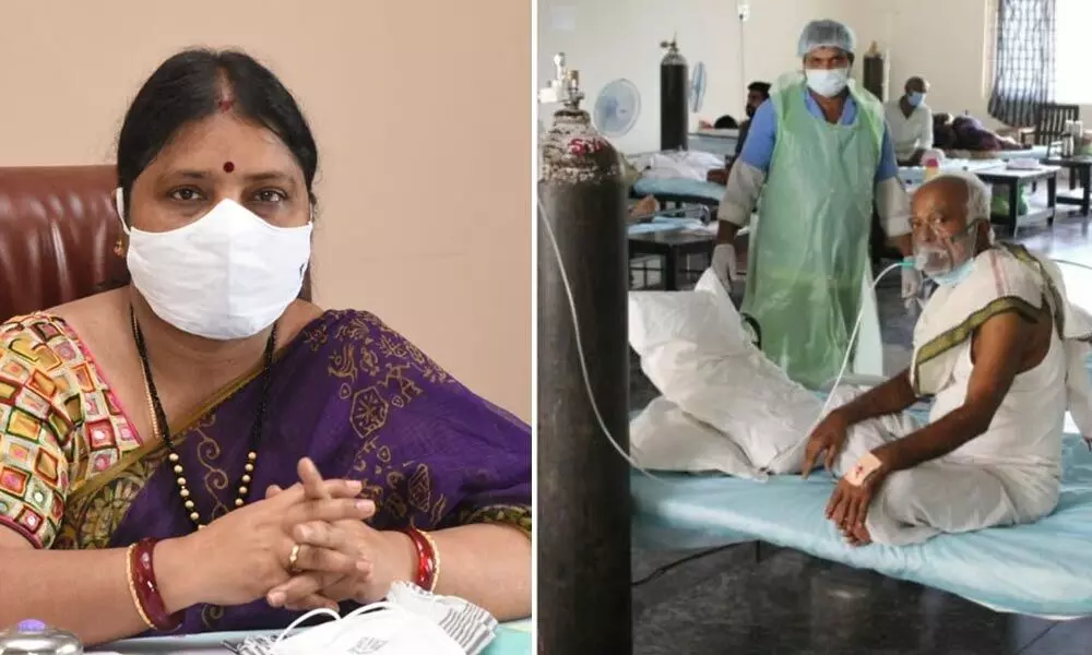 Covid Care Centre Special Officer S Lakshmi and A patient at the oxygen ward of the Covid care centre