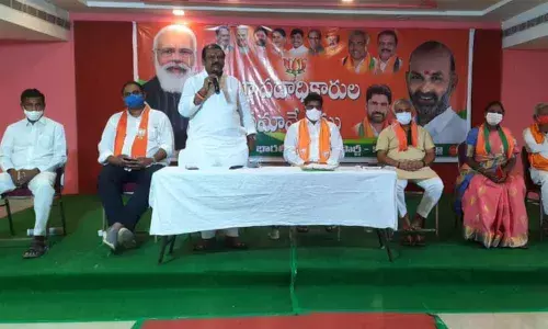 BJP leader G Premender Reddy addressing party workers in Karimnagar on Tuesday
