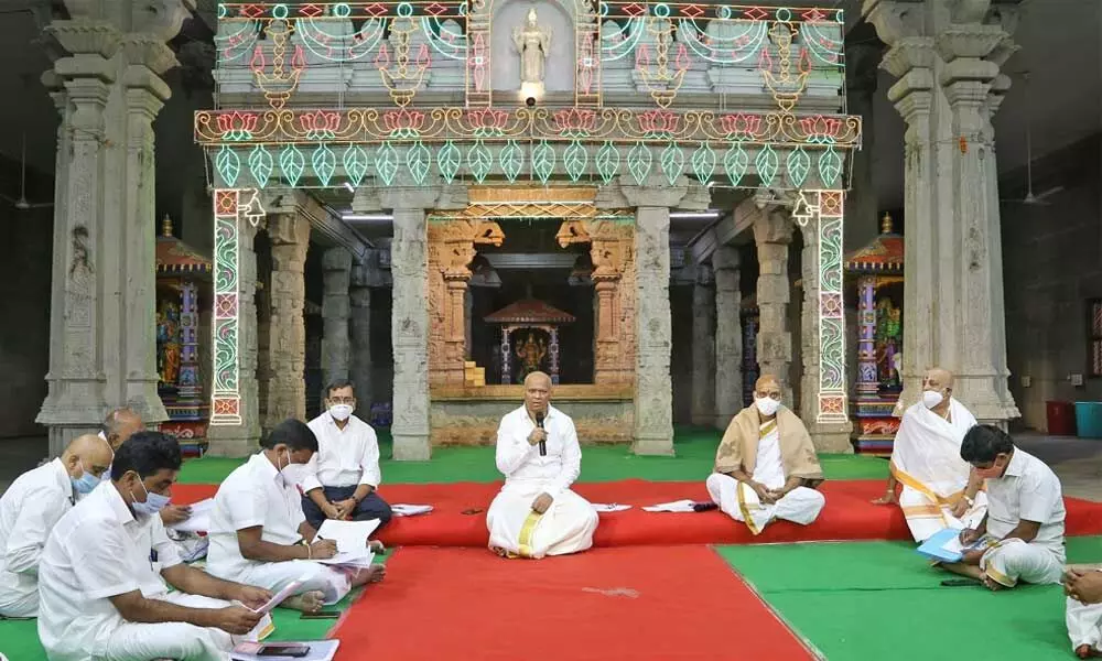 TTD Additional EO A V Dharma Reddy reviews arrangements for Yuddhakanda Parayanam with Vedic scholars at Vasanta Mandapam at Tirumala on Wednesday