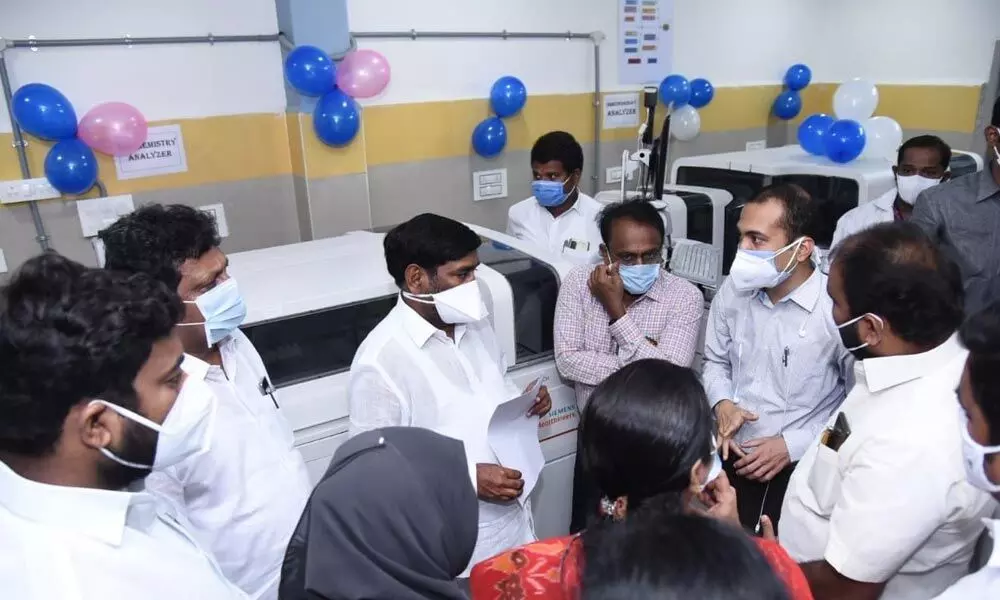 Energy Minister G Jagadish Reddy interacting with the doctors after inaugurating diagnostic center in the premises of medical college in Nalgonda on Wednesday