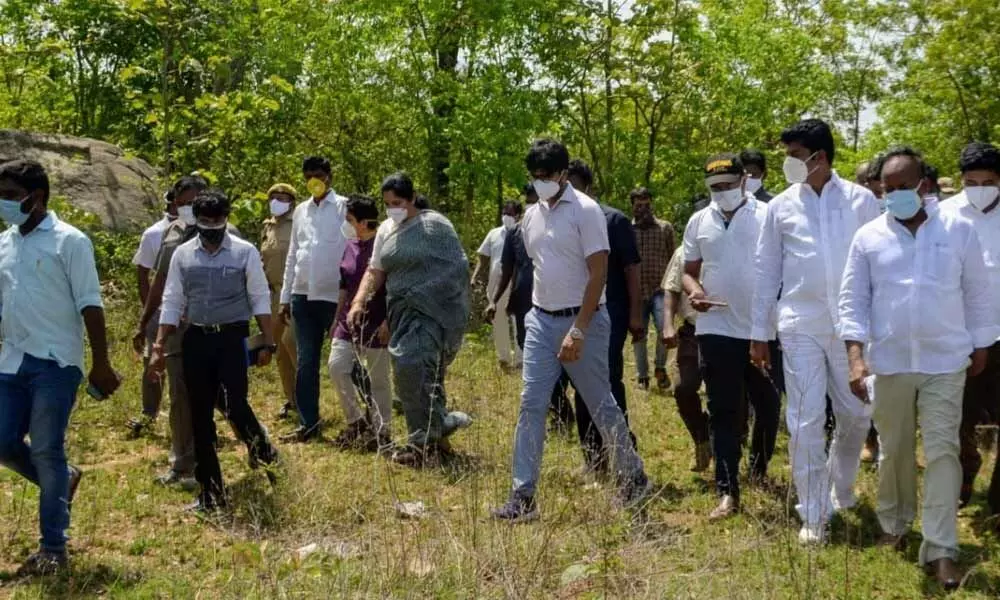 Tribal Welfare Minister Satyavathi Rathod inspecting a site for the proposed medical college near Mahabubabad on Thursday