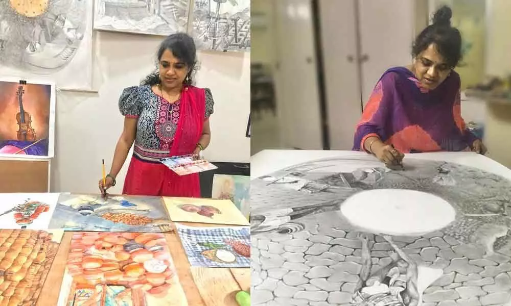Kodimyala Sangeeta giving finishing touches to her artwork in Visakhapatnam