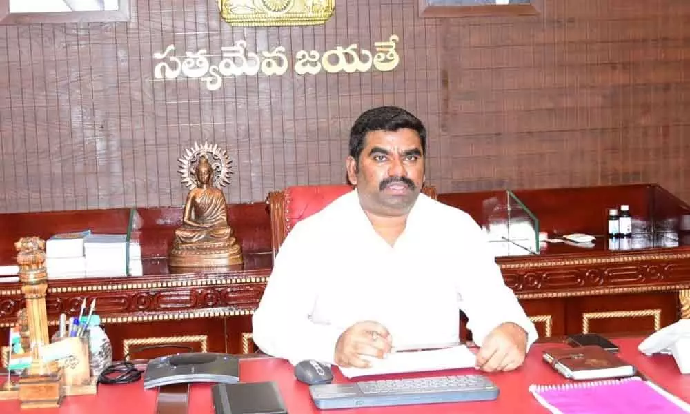 District Collector G Veera Pandian holds Zoom video conference from his camp office in Kurnool