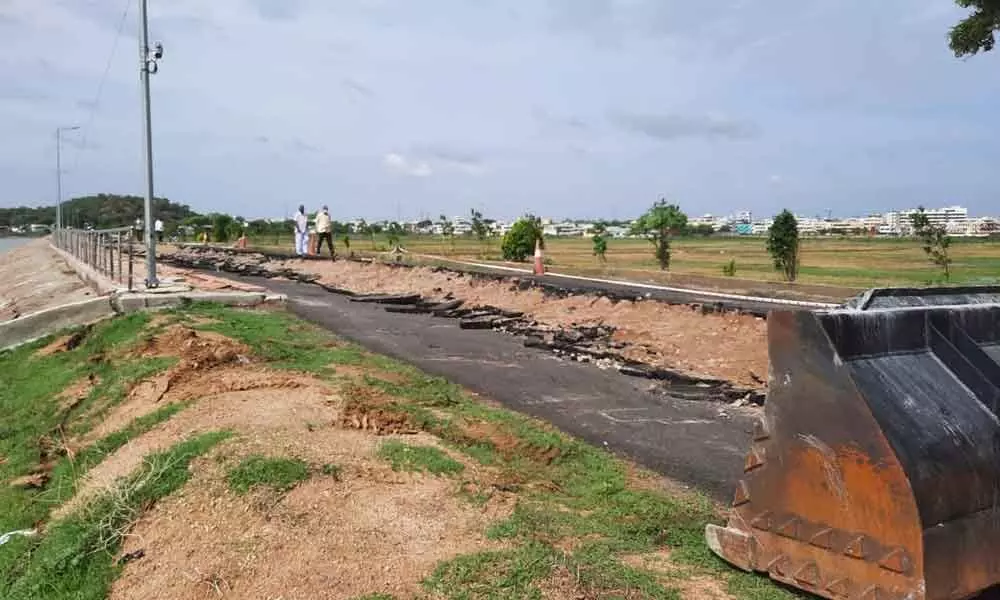 Damaged road due to heavy rains on mini tank band in Banswada