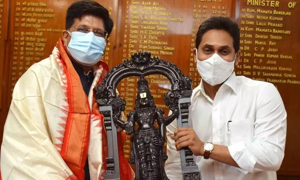 Chief Minister YS Jagan Mohan Reddy meets Railway Minister Piyush Goyal at Rail Bhavan in New Delhi on Friday