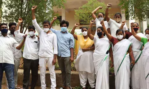 MNOs and FNOs staging a dharna at the Institute of Pregnant Women Hospital in Tirupati on Friday