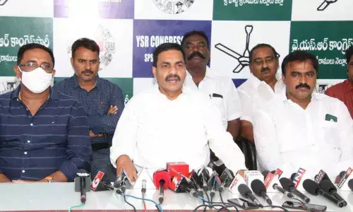 Sarvepalli MLA Kakani Govardhan Reddy speaking to reporters at YSRCP office in Nellore on Sunday