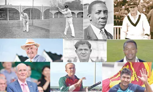 Aubrey Faulkner; Monty Noble; Sir Learie Constantine; Stan McCabe; Ted Dexter; Vinoo Mankad; Desmond Haynes; Bob Willis; Andy Flower; Kumar Sangakkara (From Top Left to Bottom Right)