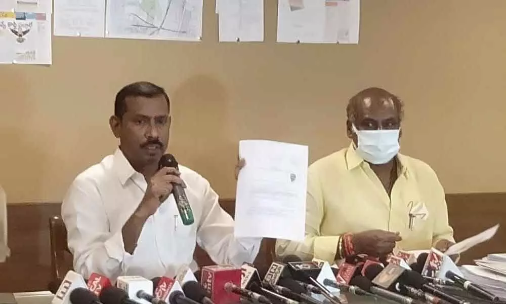TDP Visakhapatnam Parliamentary constituency president Palla Srinivasa Rao speaking at a press conference in Vizag on Monday
