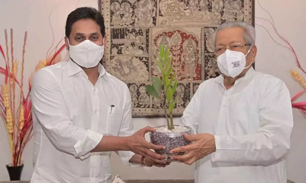 Chief Minister Y S Jagan Mohan Reddy meets with Governor Biswabushan Harichandan at Rajbhavan in Vijayawada on Monday