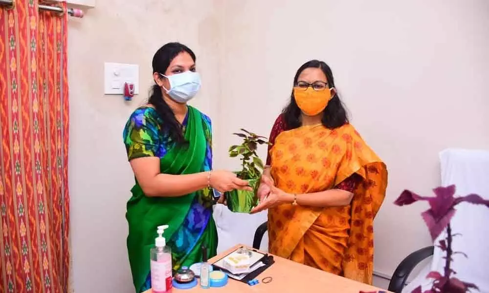 New District Collector Pamela Satpathy presenting a sapling to the outgoing Collector Anita Ramachandran in Bhongir on Monday