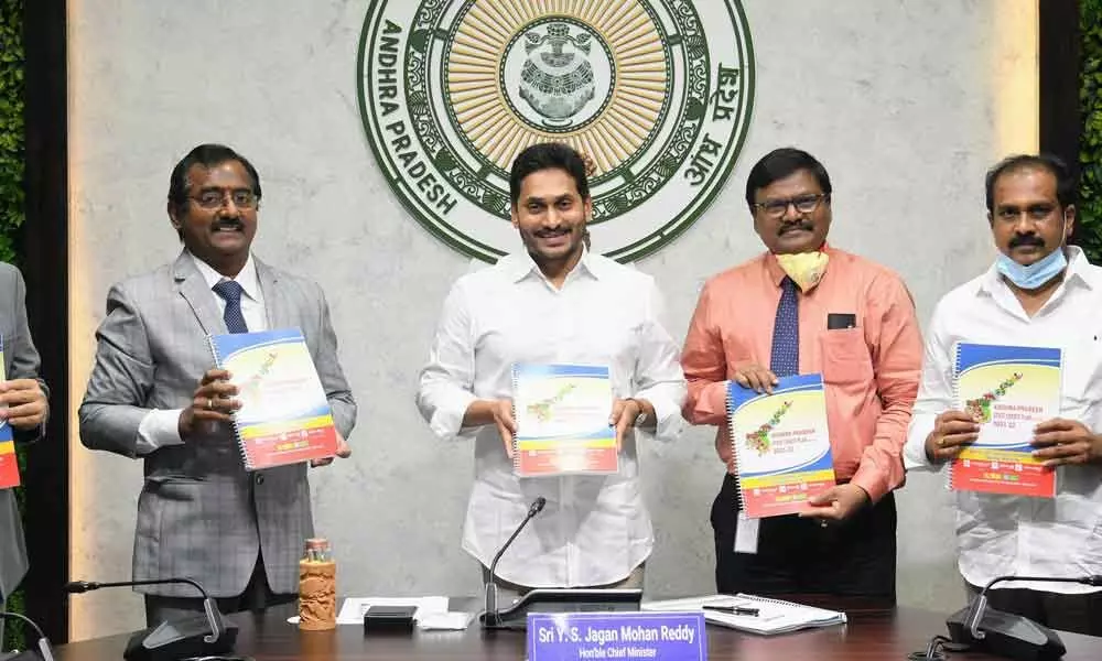 Chief Minister Y S Jagan Mohan Reddy along with bankers releases Annual Credit Plan-2021-22 at his camp office on Monday