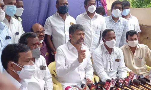 TDP State president L Ramana speaking at a press conference at Jagtial on Monday