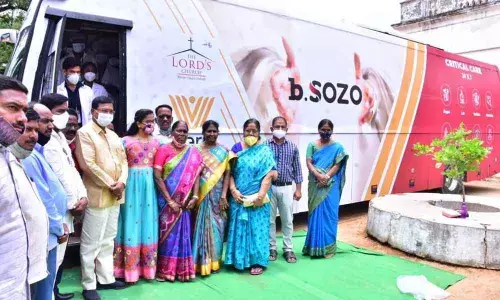 Agriculture Minister Singireddy Niranjan Reddy after inaugurating a mobile ICU critical care bus at MB Oliver Church in Wanaparthy on Monday
