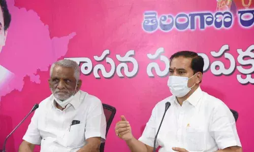 Chief Whip D Vinay Bhaskar speaking to the media in Hanamkonda on Tuesday.     MLC Madireddy Srinivas Reddy also seen