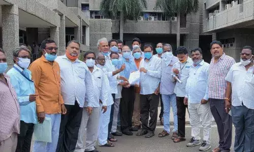 Union leaders from Visakhapatnam Steel Plant issuing a strike notice to the management on Tuesday in Visakhapatnam