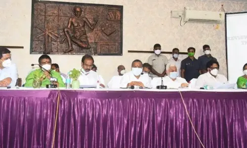Endowments Minister Vellampalli Srinivasa Rao speaking at a review meeting in Visakhapatnam on Wednesday