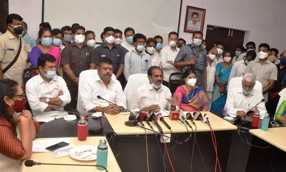 District in-charge Minister Kurasala Kannababu addressing the media conference in Visakhapatnam on Thursday