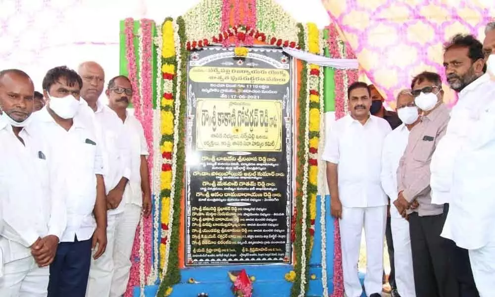 MLA  K Govardhan Reddy laying foundation stone for works of the Sarvepalli reservoir on Thursday