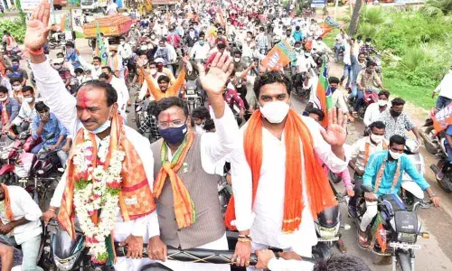 Former Minister, Eatala Rajender during his tour in Jammikunta mandal of Karimnagar district on Thursday