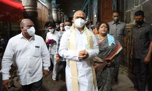Assembly Speaker Thammineni Seetharam visiting Sri Varaha Lakshmi Narasimha Swamy Devasthanam in Visakhapatnam on Friday