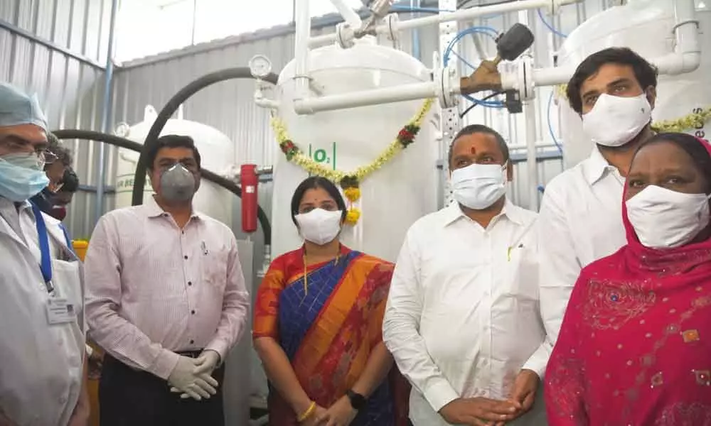 Endowments Minister Vellampalli Srinivas  after inaugurating oxygen generation plant at Government Hospital in Vijayawada on Saturday. Mayor R Bhagyalakshmi, MLC Sk Kareemunnisa, Krishna District Collector J Nivas and others are seen.
