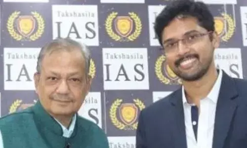 Academic director of Takshasila IAS Academy Dr N Nageswara Rao and founder director Dr BSN Durga Prasad addressing the media in Vijayawada on Sunday