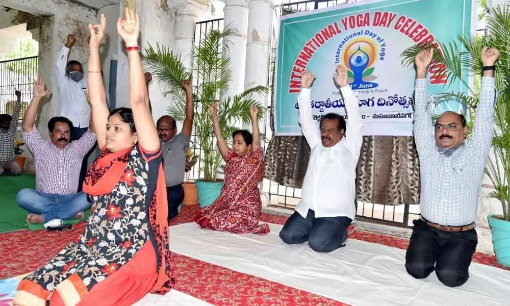 District Collector S Venkat Rao (back left) along with other officials doing yoga at the district Collectorate in Mahbubnagar on Monday on International Yoga Day