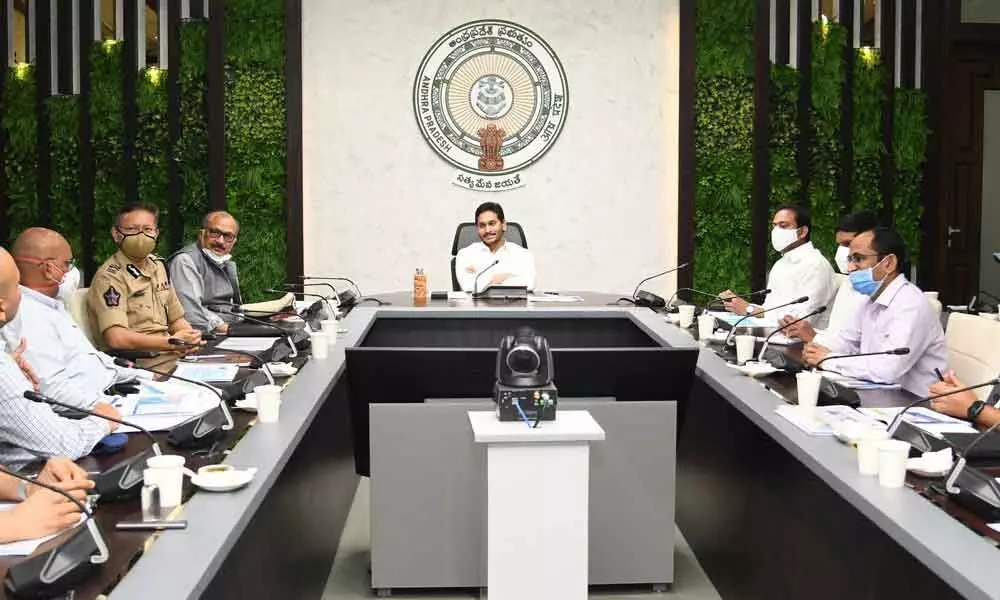 Chief Minister Y S Jagan Mohan Reddy reviews steps to control Covid-19, vaccination drive and Nadu Nedu in Health Department in Tadepalli on Monday