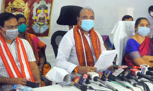 Durga Temple Trust Board chairman Pyla Sominaidu addressing a press conference in Vijayawada on Monday