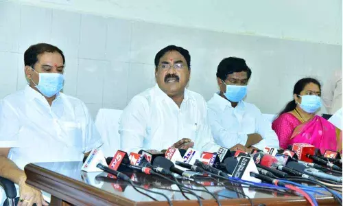 Minister for Panchayat Raj Errabelli Dayakar Rao addressing a press conference in Hanamkonda on Tuesday