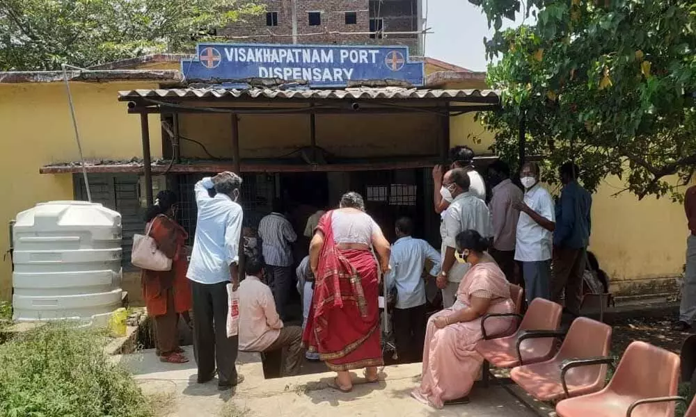 VPT employees waiting to get vaccinated at the Port Dispensary in Visakhapatnam
