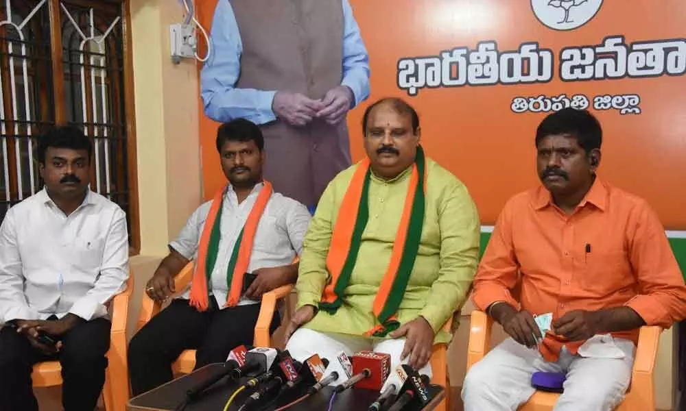 BJP state general secretary Suryanarayana Raju along with other leaders addressing media at party office in Tirupati on Thursday.