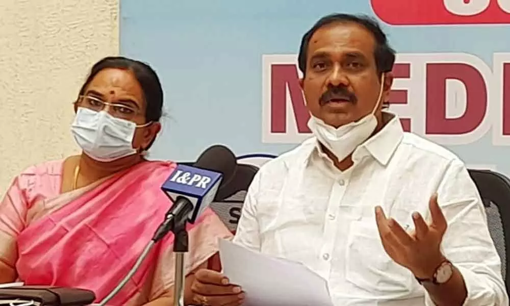 Agriculture Minister K Kannababu along with Special CS, Agriculture, Poonam Malakondaiah addressing the media in Vijayawada on Friday