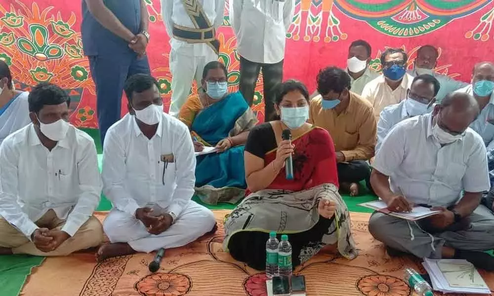 Collector Pamela Satpathy addressing the villagers at a meeting in Vasalamarri village on Friday