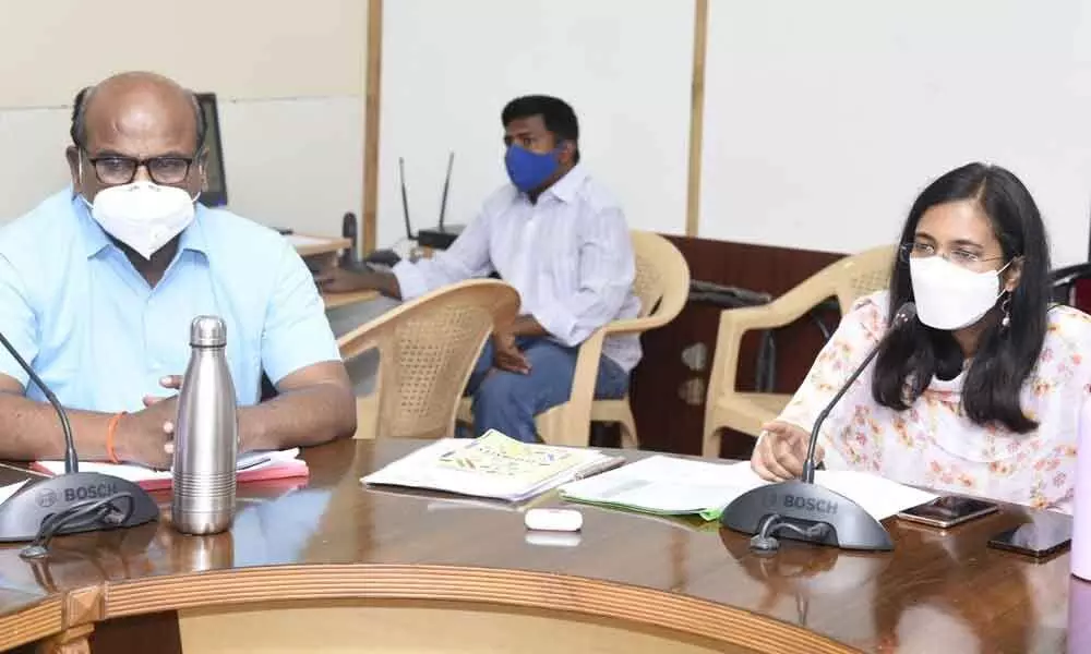 Collector Nagalakshmi Selvarajan holding a meeting with senior officials in Anantapur on Friday